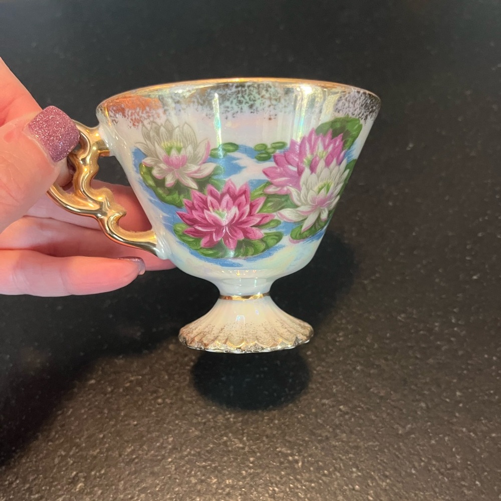 Tea Cup Vintage Lotus Floral Bone China Teacup with Gold Handle